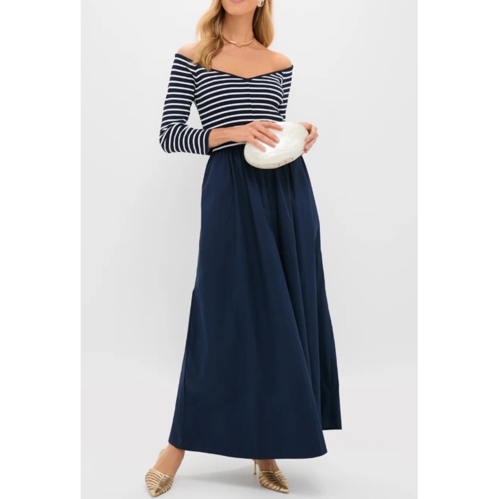 Tuckernuck Clea Navy White Striped Mixed Media Poplin Midi Dress Womens XXL